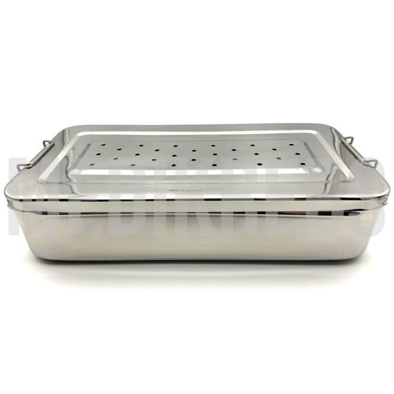 Stainless Steel Sterilization Tray w Perforated Lid 14” x 7” x 3”
